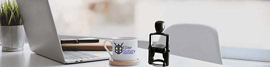 laptop on desk with notary stamp and cup of coffee with B. Elise logo on it